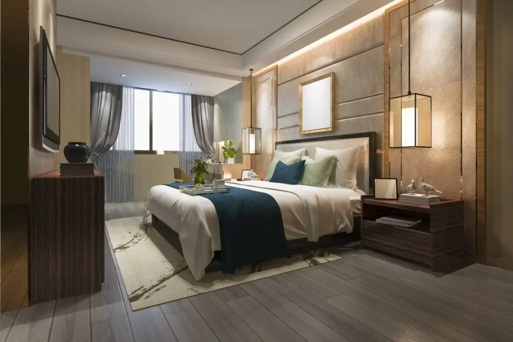 rendering beautiful luxury bedroom suite in hotel with tv