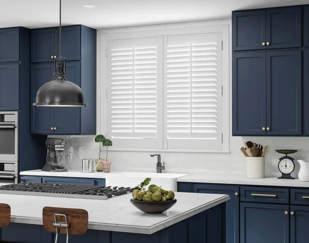 white plantation shutters in kitchen